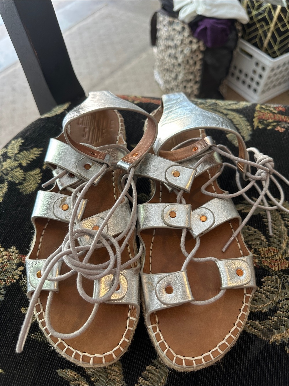 Charlotte Stone Metallic Silver Lace-Up Gladiator Sandals NWOT size 8